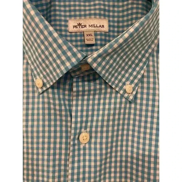 PETER MILLAR 2XL Aqua Blue Plaid Button Long Sleeve Dress Golf Shirt - Picture 3 of 4